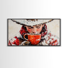 Load image into Gallery viewer, Cowboy in forest with burning fire, deep autumn hues, Framed Canvas Print, moody landscape, fall western art, rustic wall piece, wall decor
