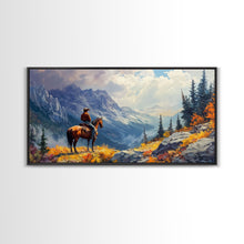 Load image into Gallery viewer, Close-up of Western cowgirl in fall foliage, Framed Canvas Print, modern tall art farmhouse gallery wall, rustic cowboy aesthetic wall print
