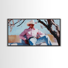 Carregar imagem no visualizador da galeria, Autumn-themed portrait Framed Canvas Print of a woman in a cowboy hat holding a cup of coffee, surrounded by fall leaves, cozy fall decor
