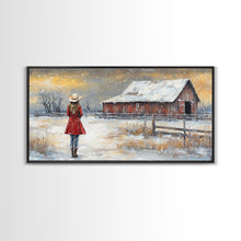 Load image into Gallery viewer, Barn Painting Framed Canvas Print, Cowgirl and her Barn, Rustic Farmhouse Decor, Winter Painting, Winter Wonderland, Farmhouse Wall Art
