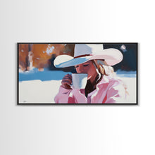 Load image into Gallery viewer, Cowgirl Enjoying A Cup of Coffee, Framed Canvas Print, Winter Wall Art, Pink Decor, Gift For Her, Seasonal Winter Home Decor
