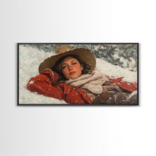 Load image into Gallery viewer, Cowgirl Laying In The Snow Framed Canvas Print, Cute Rustic Decor, Cowgirl Portrait Painting, Winter Wall Art
