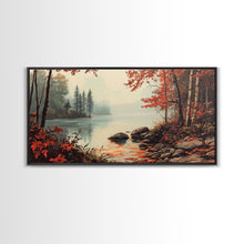 Carregar imagem no visualizador da galeria, Fall On The River, Rustic Landscape Painting, Primitive Wall Art, Framed Canvas Print, retro festive holiday wall art Christmas decor
