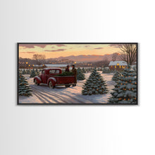Cargar imagen en el visor de la galería, Christmas Tree Farm Framed Canvas Print, Red Truck Winter Scene, Farmhouse Christmas Decor, Christmas Vacation Decor, Holiday Art Gift
