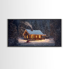 Load image into Gallery viewer, Cozy Cabin in Snow Framed Canvas Print, Winter Wonderland Scene Art, Rustic Christmas Decor, Holiday Wall Art, Seasonal Gift Idea
