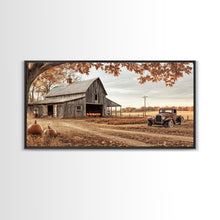 Cargar imagen en el visor de la galería, Farmhouse Autumn Decor Framed Canvas Print with Rustic Truck and Barn, Fall Country Art Wall Decor, Pumpkin Harvest Gift Idea Seasonal Decor
