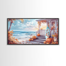 Carregar imagem no visualizador da galeria, Fall Beachfront Porch With Pumpkins Autumn Decor Framed Canvas Print, Coastal Autumn Home Decor Wall Art Beach Vibes
