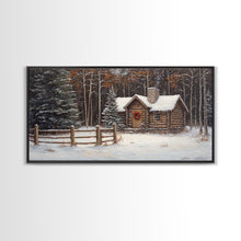 Load image into Gallery viewer, Snowy Log Cabin Christmas Framed Canvas Print, Rustic Winter Wonderland Art, Cozy Holiday Decor, Best Gift Christmas Wall Art
