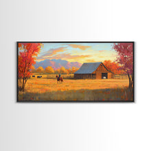 Carregar imagem no visualizador da galeria, Autumn Cowboy Farm Framed Canvas Print, Cozy Fall Farmhouse Wall Art, Country Western Landscape Decor, Best Gift Seasonal Wall Art
