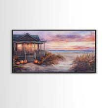 Cargar imagen en el visor de la galería, Rustic Beach Cottage Fall Scene Framed Canvas Print, Coastal Autumn Sunset Wall Art Ideal Autumn Gift, Seasonal Beach Decor
