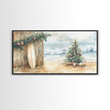 Load image into Gallery viewer, Christmas Tree On Sandy Beach With Surfboard Coastal Decor Framed Canvas Print, Beach Christmas Decor Wall Art
