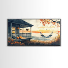 Load image into Gallery viewer, Cozy Autumn Porch with Pumpkins Framed Canvas Print, Warm Sunset Beach Scene Perfect Fall Seasonal Wall Art and Home Decor
