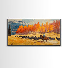Load image into Gallery viewer, Cowboy Herding Cattle Under Mountains Framed Canvas Print Tall Art Autumn Country Landscape Fall Decor Western Wall Art Farmhouse Gift Idea
