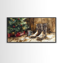 Cargar imagen en el visor de la galería, Christmas Cowboy Boots By Tree Framed Canvas Print Tall Art Rustic Western Christmas Decor Farmhouse Holiday Wall Art Cowboy Holiday Gift
