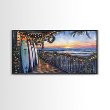 Carregar imagem no visualizador da galeria, Beachfront porch with surfboards and Christmas lights, Framed Canvas Print with wreaths festive lights, coastal holiday wall art and decor
