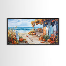 Carregar imagem no visualizador da galeria, Autumn surfboard porch decor scene, Framed Canvas Print with pumpkins and fall leaves on beach, autumn beach house wall art and decor piece
