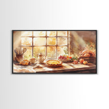 Load image into Gallery viewer, Thanksgiving table scene with food, pies and fall decor, Framed Canvas Print with pumpkins sunlight, autumn harvest home wall art and decor
