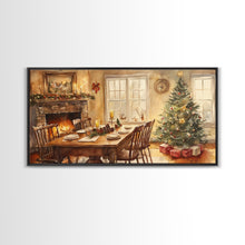 Load image into Gallery viewer, Rustic Christmas dining room scene with a Christmas tree, Framed Canvas Print with a festive table warm fireplace, farmhouse holiday decor
