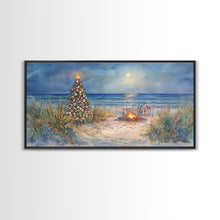 Carregar imagem no visualizador da galeria, Beach Christmas family gathering by the ocean and bonfire, framed canvas print featuring tropical holiday decor wall art
