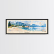 Load image into Gallery viewer, Bečići Beach, Montenegro Watercolor Print, Vacation Gift, Montenegro Wall Art, Beach Painting, Beach Decor, Large Wall Art, Wood Frame Art
