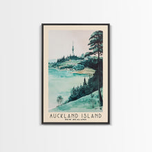 Load image into Gallery viewer, Auckland Island, New Zealand Watercolor Print, Vacation Gift, New Zealand Wall Art, Beach Painting, Beach Decor, Large Wall Art, Wood Frame Art
