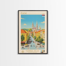 Carregar imagem no visualizador da galeria, Čačak Serbia Travel Poster Framed Canvas Print, Midcentury Modern Art, Pop Art Wall Decor, Living Room Art, Scenic Wall Art
