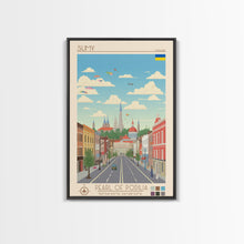 Load image into Gallery viewer, Sumy Ukraine Travel Poster Framed Canvas Print, Midcentury Modern Art, Pop Art Wall Decor, Living Room Art, Scenic Wall Art
