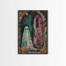 Load image into Gallery viewer, Ghostly Figure at Haunted Door Framed Canvas Print, Halloween Spirit Decor, Spooky Ghost Art, Haunted House Wall Art, Creepy Ghostly Print
