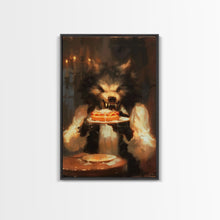 Load image into Gallery viewer, Halloween Werewolf Eating Hotdog, Framed Canvas Print, Wall Art, Spooky Artwork, Fantasy Decor, Halloween Decor, Whimsical Funny Halloween
