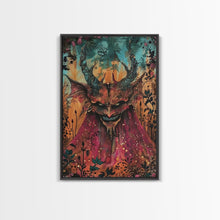 Load image into Gallery viewer, Dark Demon with Menacing Smile Framed Canvas Print, Halloween Art, Creepy Wall Art, Spooky Home Decor, Scary Art, Creepy Living Room Decor
