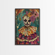 Load image into Gallery viewer, Day of the Dead Doll with Floral Crown Framed Canvas Print, Halloween Art, Creepy Wall Art, Spooky Home Decor, Scary Art, Unique Wall Decor
