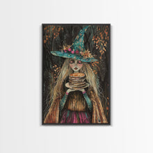 Load image into Gallery viewer, The Witch and Her Pancakes, Breakfast Witch, Framed Canvas Print, Funny Halloween Art
