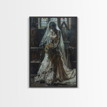 Load image into Gallery viewer, Ghostly Bride in Abandoned Church Framed Canvas Print | Halloween Bride Art | Eerie Bride Decor for Home | Haunted Wedding Artwork
