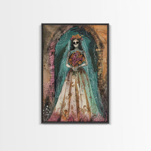 Load image into Gallery viewer, Skeleton Bride in Floral Arch Framed Canvas Print | Halloween Bride Art | Spooky Bride Decor for Home | Gothic Wedding Artwork
