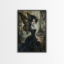 Load image into Gallery viewer, Dark Gothic Fairy with Butterfly Wings| Halloween Wall Art | Spooky Home Decor | Creepy Gothic Fairy Painting | Framed Canvas Print
