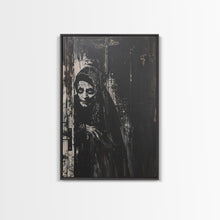 Load image into Gallery viewer, Haunted Nun with Eerie Expression, Framed Canvas Print, Gothic Halloween Art, Spooky Religious Decor, Scary Nun Painting, Gothic Home Art
