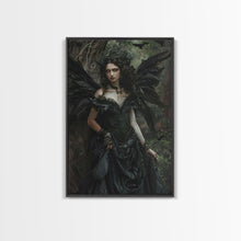 Load image into Gallery viewer, Dark Angel with Glowing Eyes in Haunted Forest - Mysterious Gothic Framed Canvas Print, Halloween Wall Art Decor
