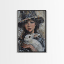 Load image into Gallery viewer, Enchanting Witch with White Rabbit in Serene Autumn Setting - Mystical Forest Art Framed Canvas Print, Halloween Home Decor

