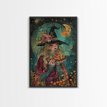 Load image into Gallery viewer, Summer Witch and Her Slice Of Pizza, Framed Canvas Print, Cute / Funny Halloween Art
