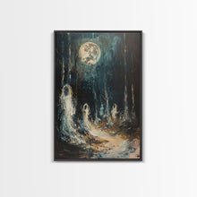 Carregar imagem no visualizador da galeria, Ghostly Figures in Forest, Halloween Art Print, Spooky Home Decor, Framed Canvas Print, Creepy Art, Halloween Wall Decor, Seasonal Wall Art
