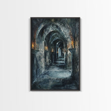 Load image into Gallery viewer, Dark Gothic Hallway Halloween Art, Spooky Hallway, Haunted Passage, Creepy Architecture, Gothic Decor, Framed Canvas Print
