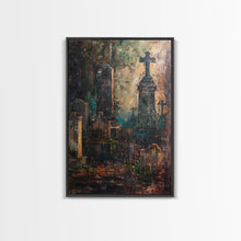 Load image into Gallery viewer, Gloomy Cemetery Halloween Art, Spooky Graveyard, Haunted Cemetery, Creepy Gravestones, Dark Artwork, Framed Canvas Print

