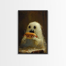Load image into Gallery viewer, Cute Ghost Chompin on A Hot Dog, Ghostly Hot Dog Thief, Framed Canvas Print, Funny Halloween Spooky Season Art
