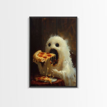Load image into Gallery viewer, Cute Ghost Chompin on A Pizza, Ghostly Pizza Pirate, Framed Canvas Print, Funny Halloween Spooky Season Art
