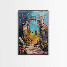 Load image into Gallery viewer, Ruined Archway Framed Canvas Print, Halloween Art, Haunted Garden, Spooky Ruins, Eerie Pathway, Fall Decor, Gothic Wall Art, Haunted Decor
