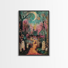Load image into Gallery viewer, Creepy Moonlit Trees Framed Canvas Print, Haunted Forest Art, Halloween Night Scene, Eerie Woods Decor, Spooky Artwork, Framed Canvas Print
