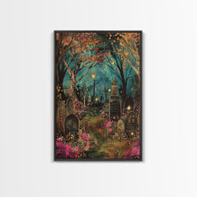 Load image into Gallery viewer, Gate to Haunted Cemetery Framed Canvas Print, Wall Art, Spooky Graveyard Art, Eerie Home Decor, Halloween Forest Painting, Spooky Graveyard
