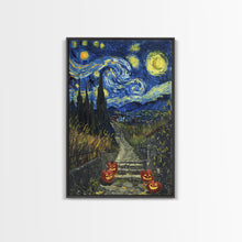 Load image into Gallery viewer, Spooky Starry Night Inspired Haunted Grave Yard Framed Canvas Print, Spooky Season Halloween Art
