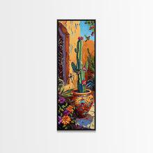 Cargar imagen en el visor de la galería, Colorful Canvas Painting of Cactus Framed, Botanical Wall Art Print, Spanish Inspired Canvas Painting, Long and Narrow Living Room Wall Art
