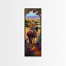 Load image into Gallery viewer, Long Narrow Wall Art Painting of Jalisco Cowboy, Southwest Wall Art Painting, Colorful Desert Canvas Painting Framed and Printed, Office Art

